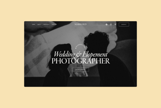 Elegant wedding photographer website template with a classic serif font and a silhouette of a couple, ideal for design portfolio mockups.
